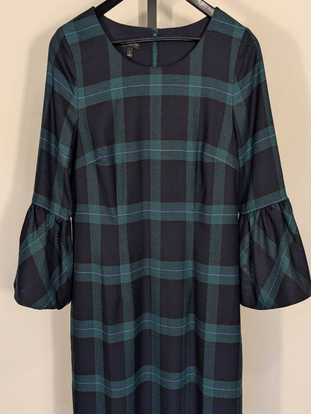 Talbots Black Watch Wool Blend Dress | Statement Bell Sleeves | Sz 6